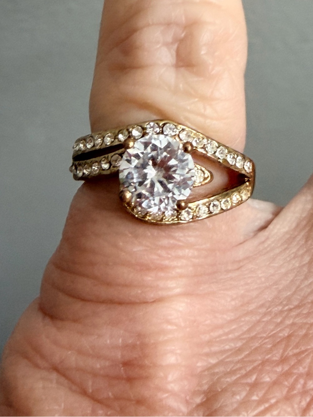 Gold-Tone CZ Halo Split Shank Ring - Sparkling Clear Center Stone